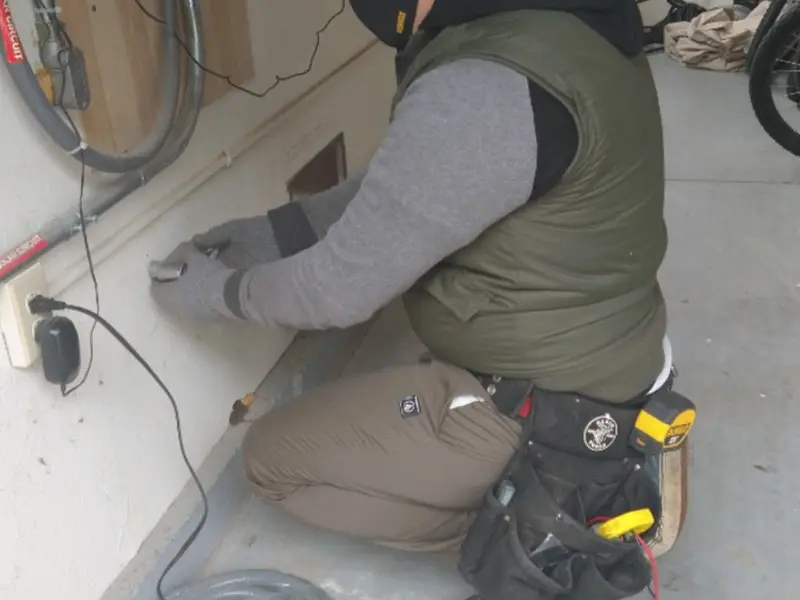 Electrician performing outlet wiring in a Omro garage